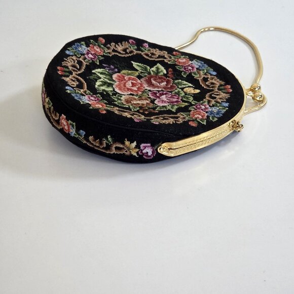Vintage Floral Petit Point  Purse Round Needlepoint Tapestry Evening Bag Clutch - Picture 8 of 16